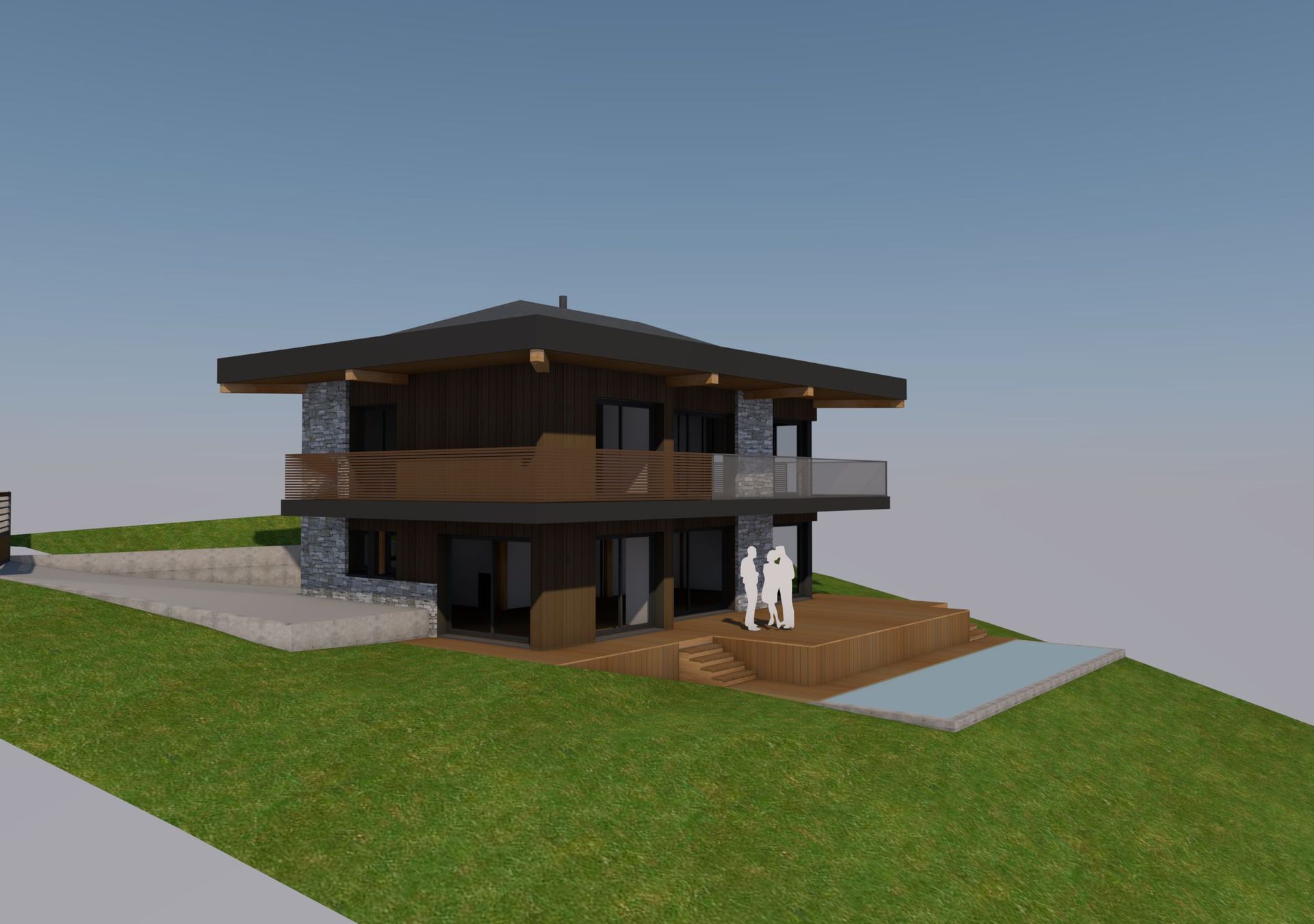 Plans 3D d'une maison à deux étages avec terrasse et toiture plate