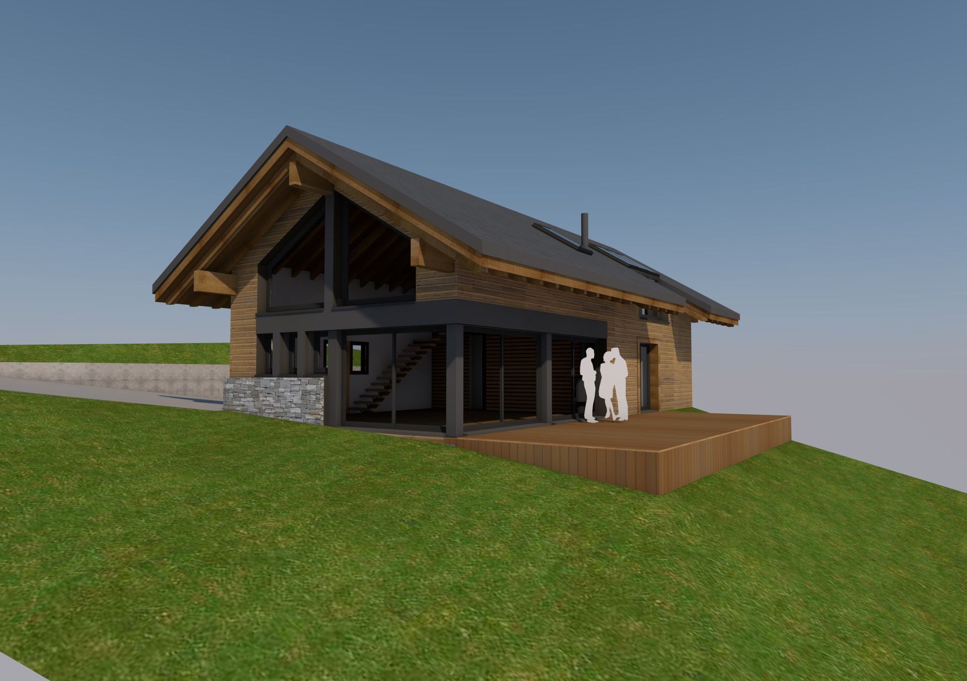 Plans 3D d'une maison à deux étages avec une terrasse