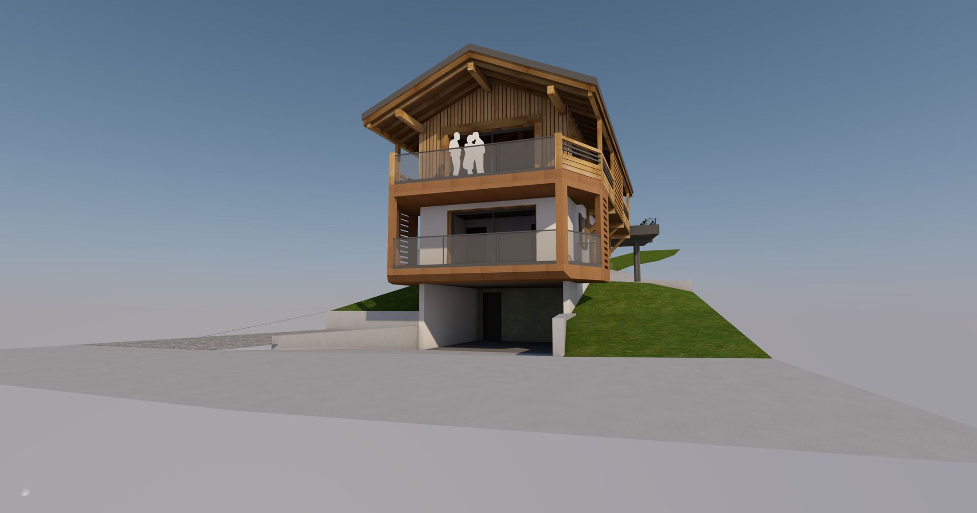 Plans 3D d'une maison en bois avec un garage ouvert