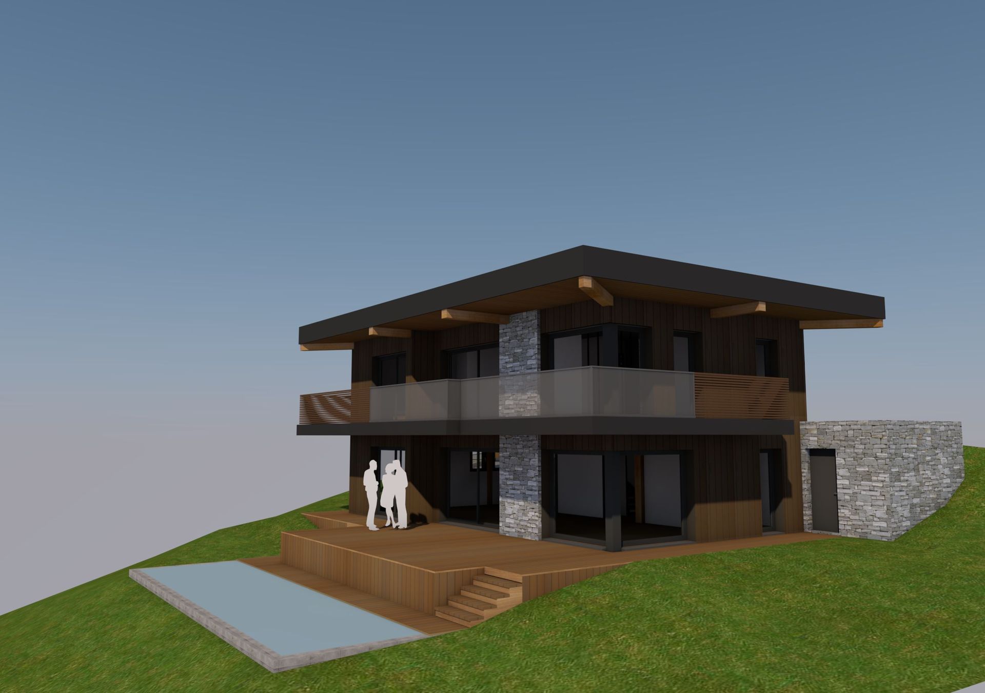 Plans 3D d'une maison à deux étages à toiture plate