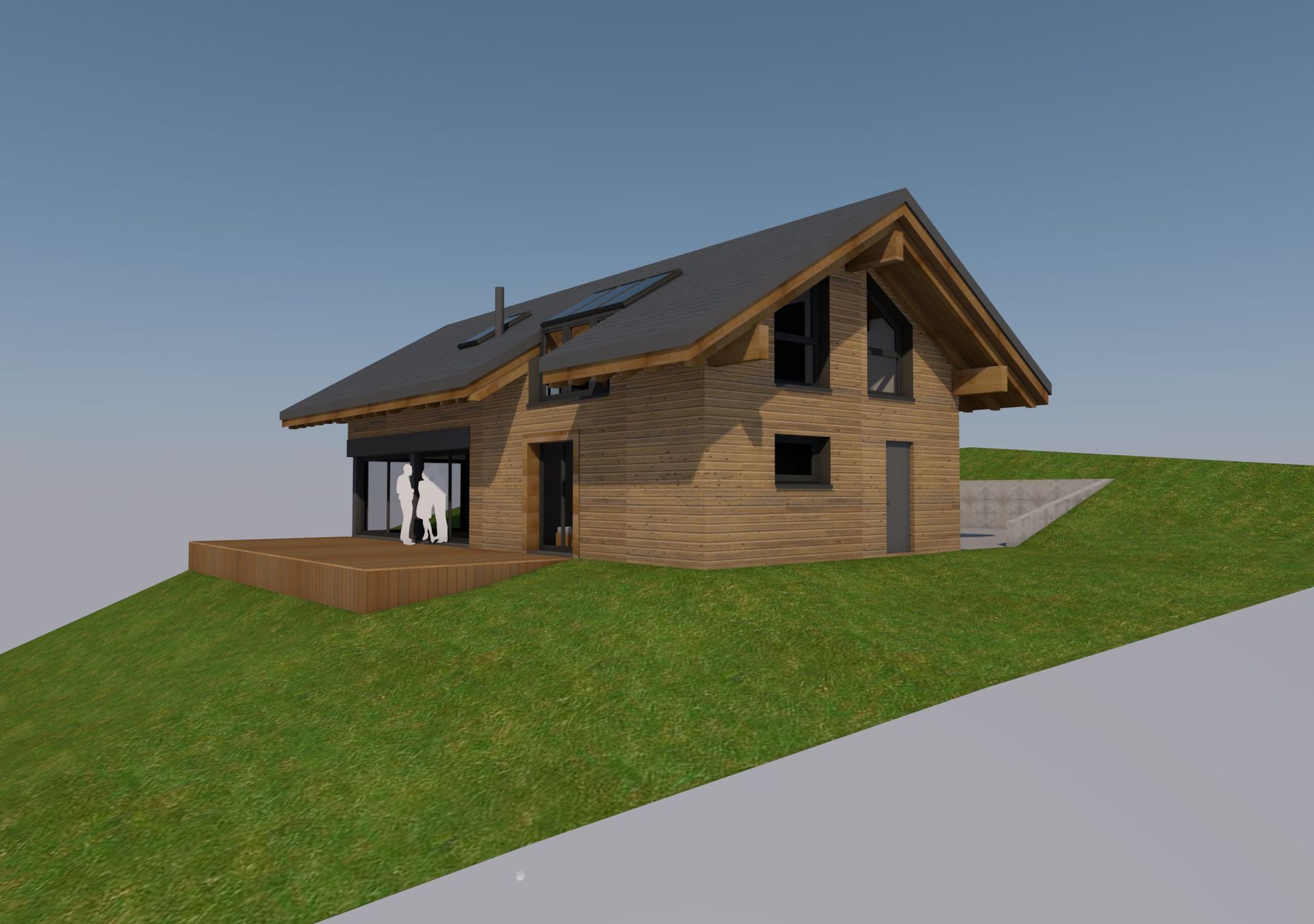 Plans 3D d'une maison sur un terrain en pente