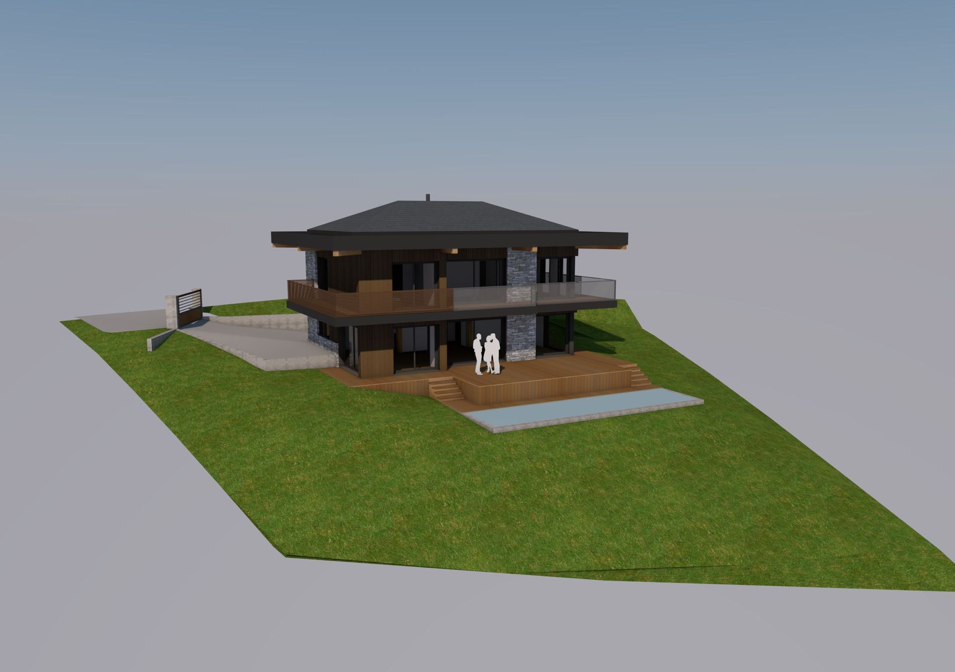 Plans 3D d'une maison à deux étages avec une piscine