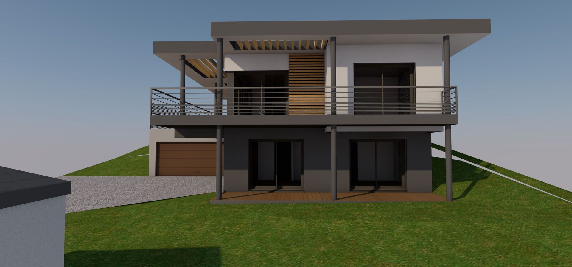 Plans 3D d'une maison moderne avec balcons et garage