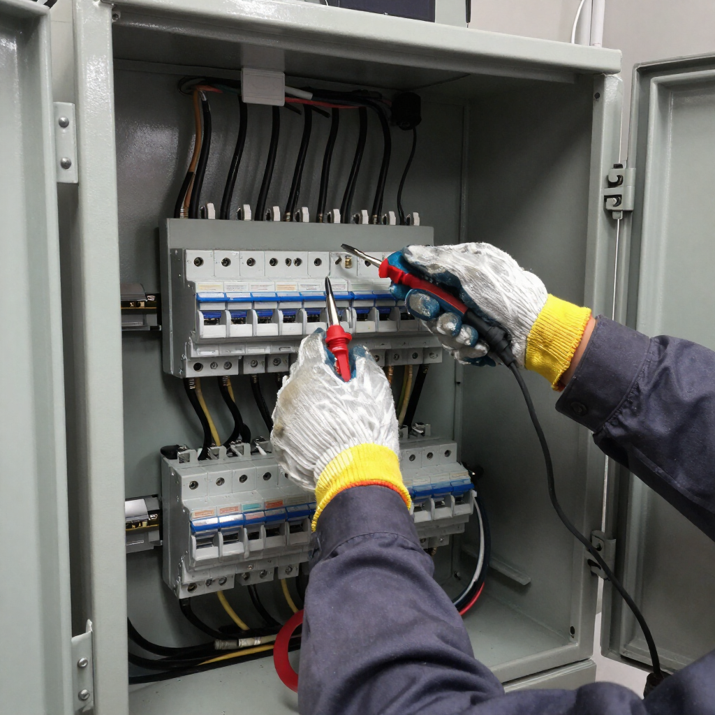 Unas manos enguantadas comprueban el cableado de un cuadro eléctrico abierto con disyuntores y cables.