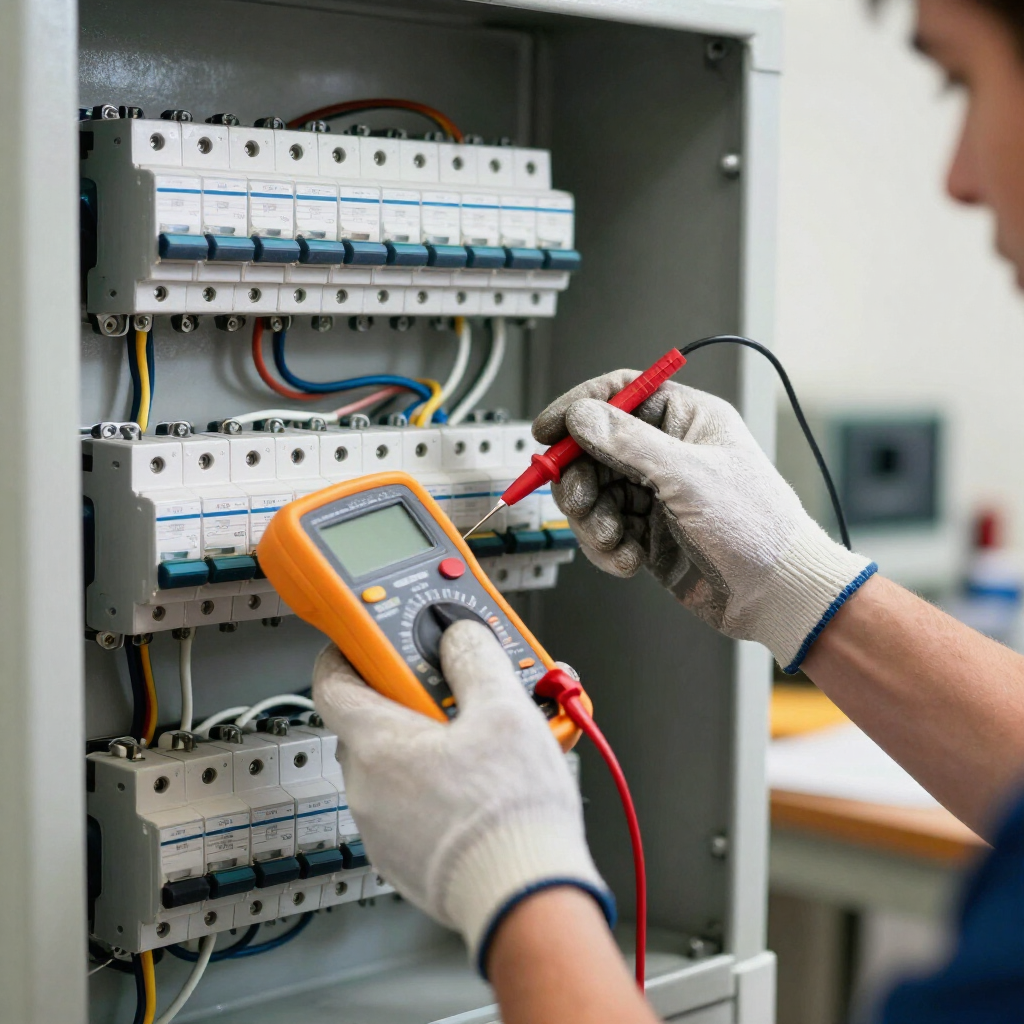 Técnico comprobando un cuadro eléctrico con un multímetro y una sonda roja.