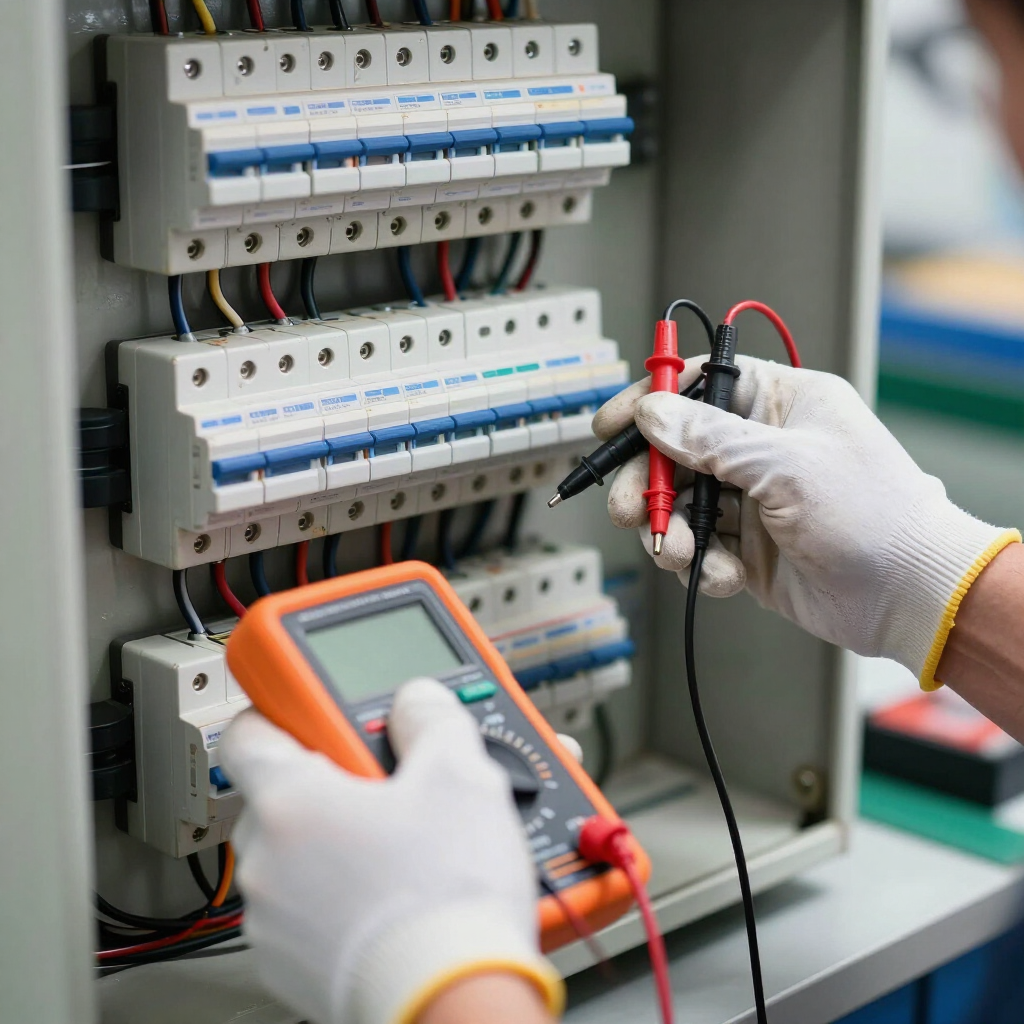 Técnico comprobando disyuntores eléctricos con un multímetro en un panel de control abierto