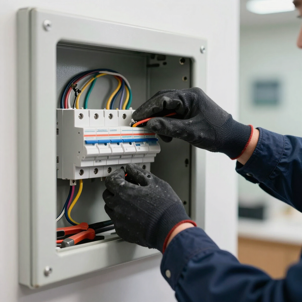 Electricista con guantes cableando un cuadro eléctrico con cables de colores en una caja eléctrica abierta