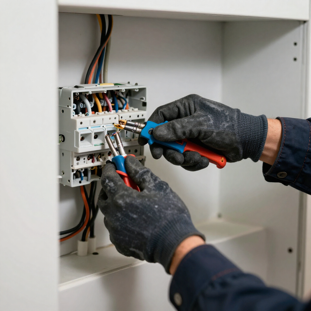 Electricista con guantes cableando un cuadro eléctrico abierto con herramientas