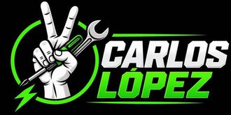 Logotipo estilizado de una mano haciendo el signo de la paz con una llave inglesa, junto al texto “Carlos Lopez” en blanco y verde.