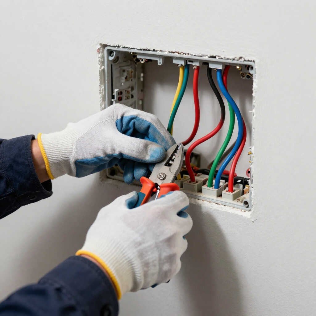 Electricista con guantes conectando cables de colores dentro de una caja eléctrica abierta en la pared