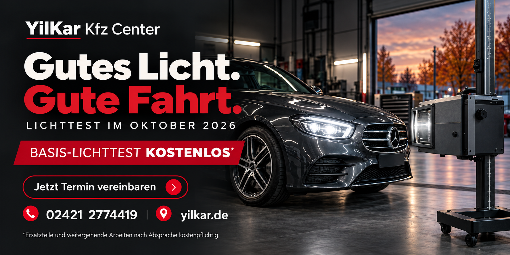YilKar Kfz Center: Gutes Licht. Gute Fahrt. Basis-Lichttest im Oktober 2026 kostenlos. Werbeillustration eines Mercedes beim Lichttest.