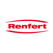 Un logotipo rojo y blanco para renfert sobre un fondo blanco.
