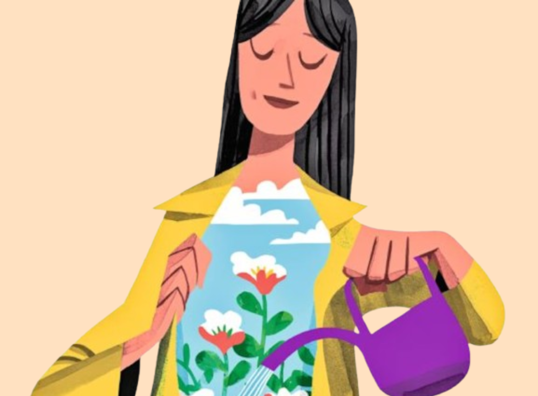 Woman in a yellow jacket holding a purple watering can toward a small plant with flowers and clouds in her shirt design