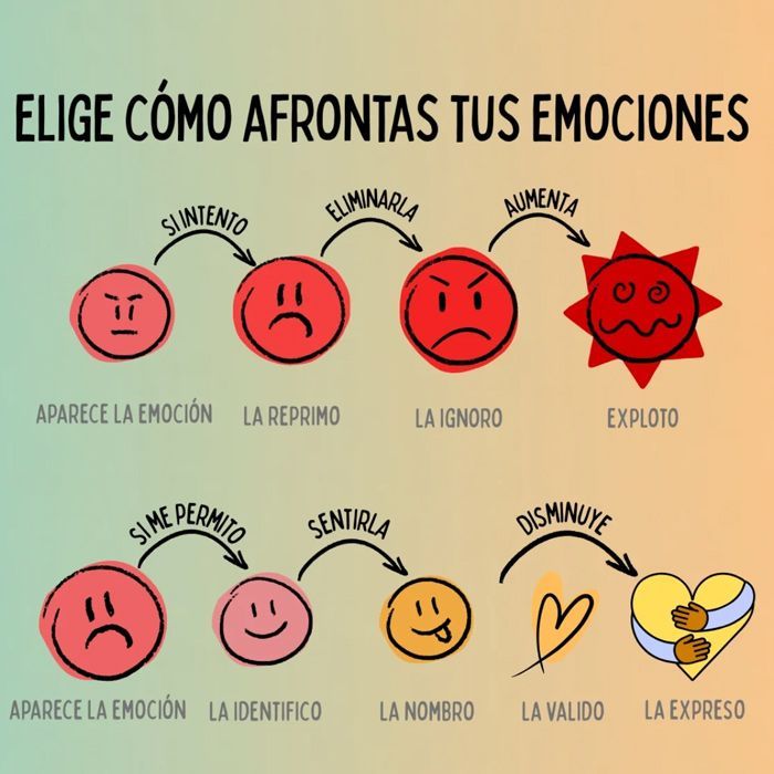 Infografía en español sobre cómo afrontar emociones, con seis caritas y opciones: sentir, eliminar, ignorar o expresar.
