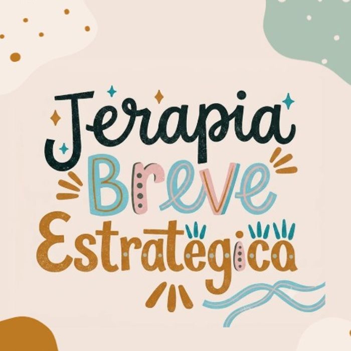 Terapia Breve Estratégica en letras color verde azulado y dorado sobre un fondo crema con puntos y ondas decorativas.