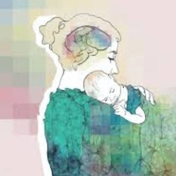 Ilustración de una persona sosteniendo a un bebé dormido, con el contorno colorido de un cerebro sobre su cabeza.