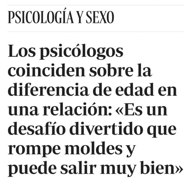 Titular de una revista española sobre la diferencia de edad en las relaciones, sobre fondo blanco con texto negro.