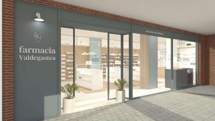 Impresión artística de una farmacia con puertas corredizas de vidrio.