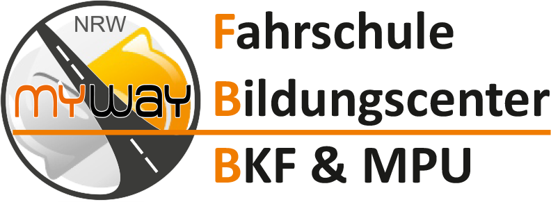 MPU MyWay-Logo mit grauem Kreis, schwarzem Banner und rot-weißem Text