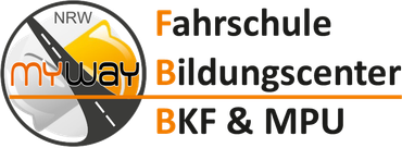 Logo für das Fahrschule Bildungszentrum BKF & MPU mit schwarzer, orangefarbener und grauer Kreisgrafik und Text