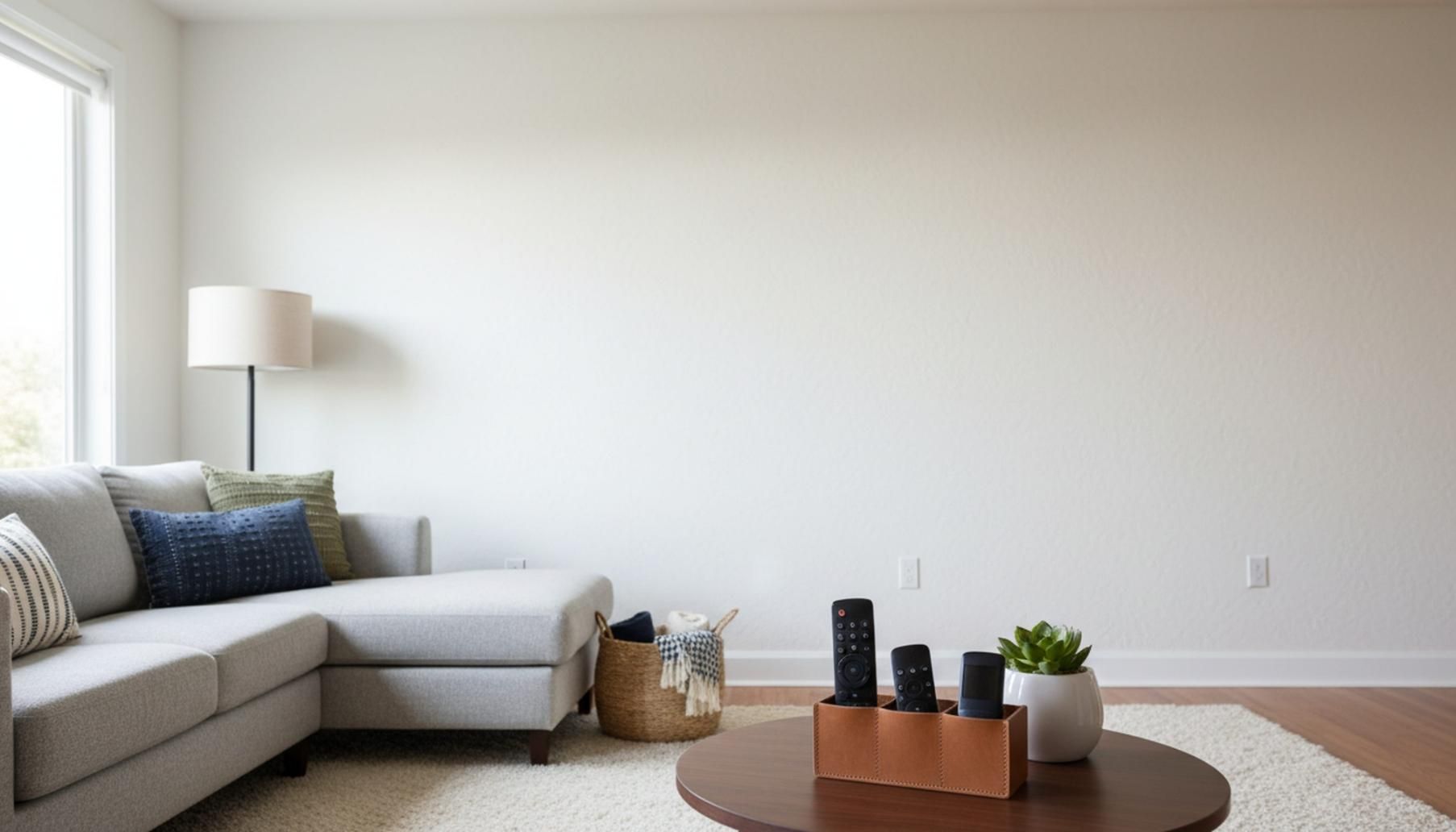 Un sofá modular, una lámpara de pie y una mesa de centro con objetos decorativos en una sala de estar minimalista 