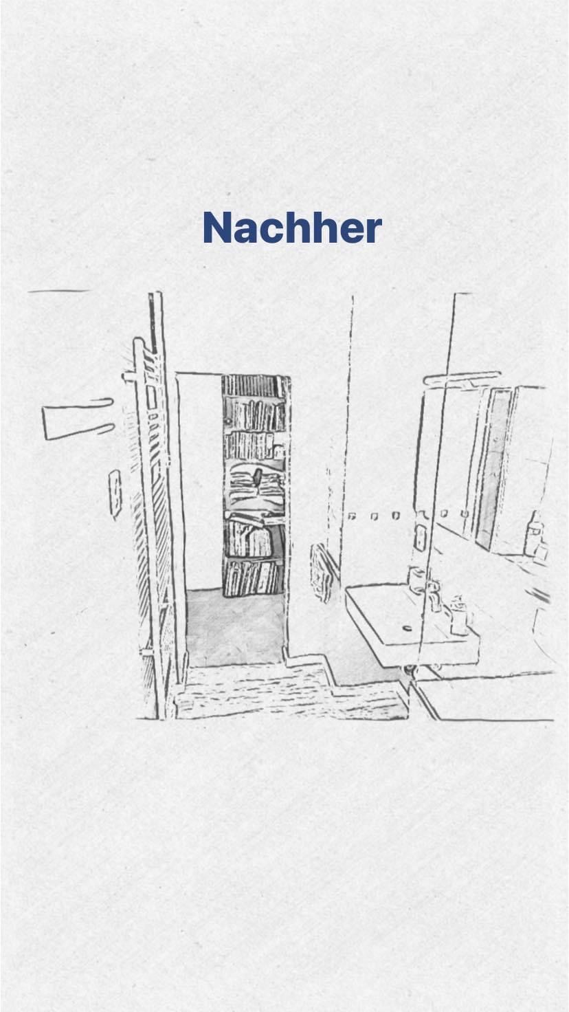 Eine Zeichnung eines Badezimmers mit dem Wort „nachher“ auf der Unterseite