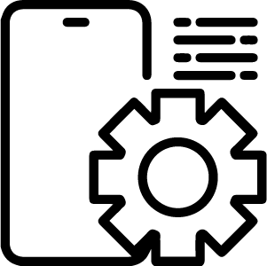Un icono en blanco y negro de un teléfono y un engranaje.