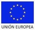 Una bandera azul con estrellas blancas en un círculo y las palabras Unión Europea escritas debajo.