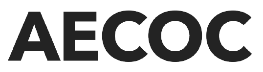 Un logotipo en blanco y negro para aecoc sobre un fondo blanco.