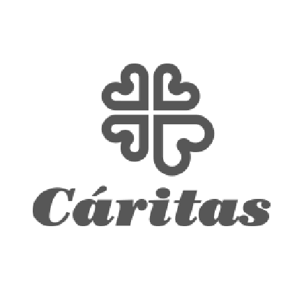 Un logotipo en blanco y negro para Caritas con un trébol en el medio.