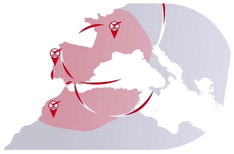 Un círculo rojo con un avión sobre él está rodeado de otros íconos.