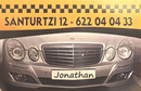 Anuncio de servicio de taxi con coche, número de teléfono y nombre "Jonathan".