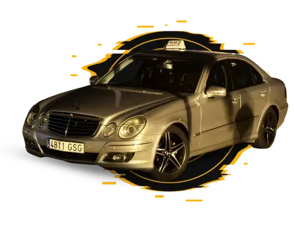 Taxi Mercedes-Benz plateado sobre fondo blanco con contorno negro y amarillo.
