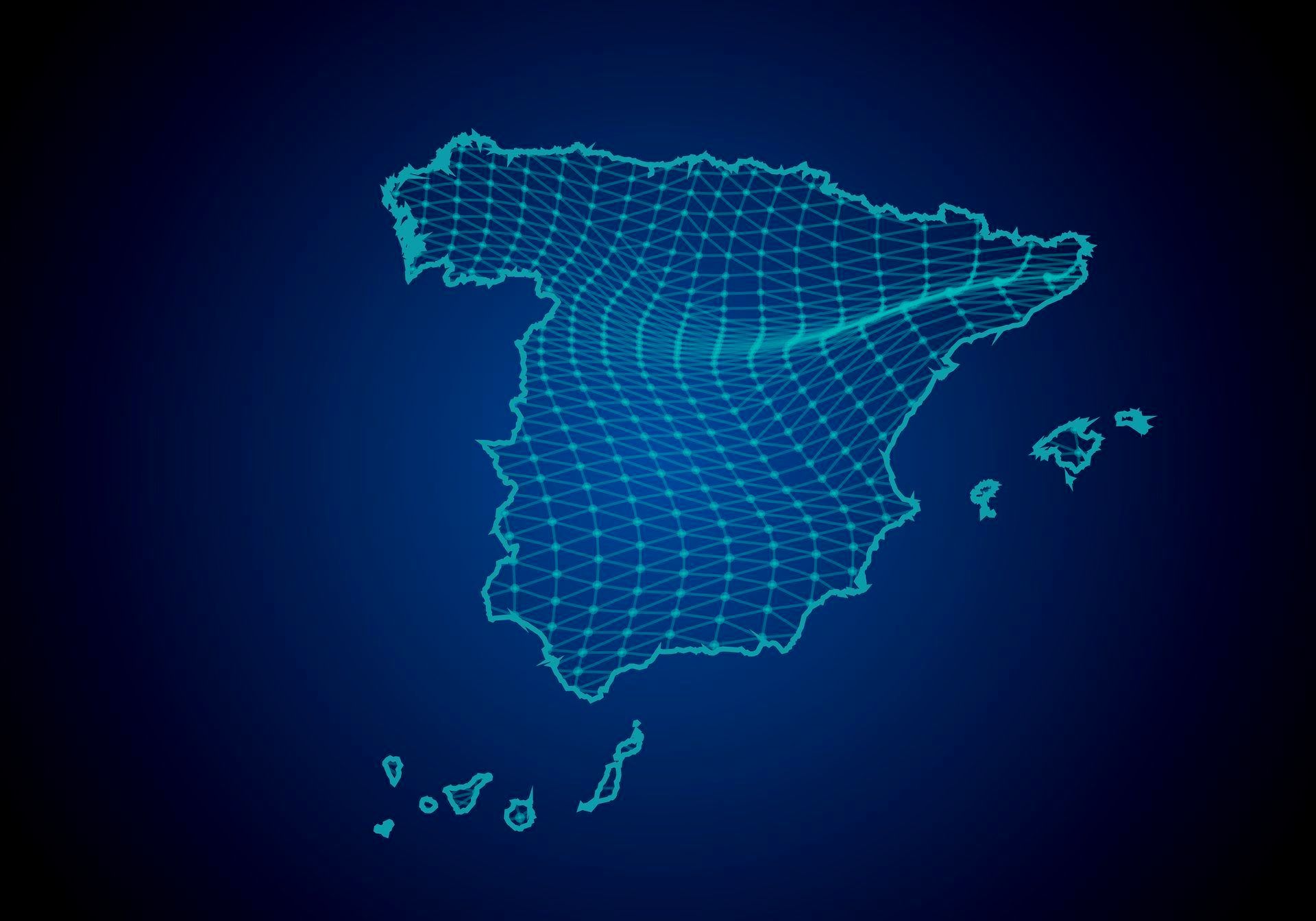 Un mapa de España brilla sobre un fondo azul oscuro.
