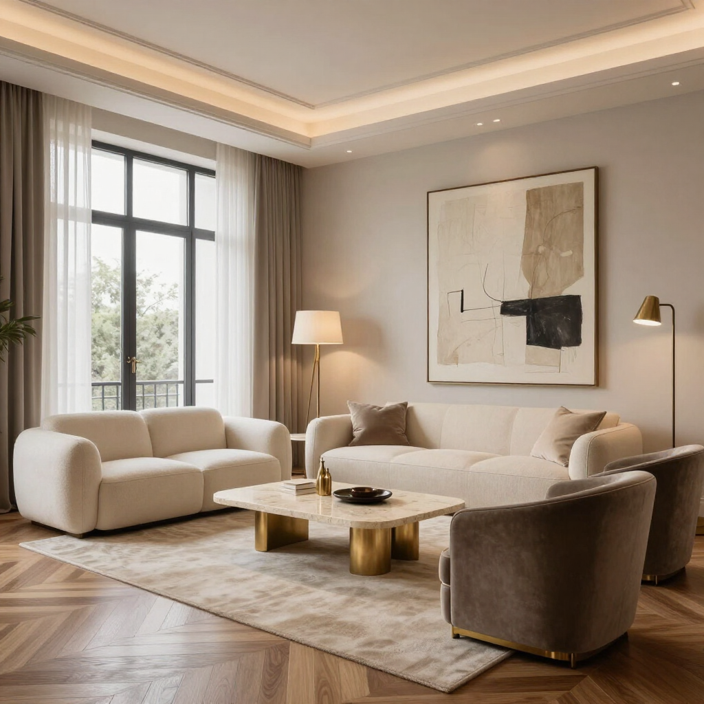 Sala de estar moderna con sofás beige