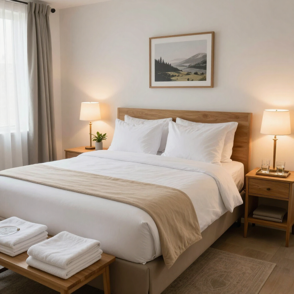 Cama bien hecha con edredón y almohadas beige en un dormitorio luminoso.