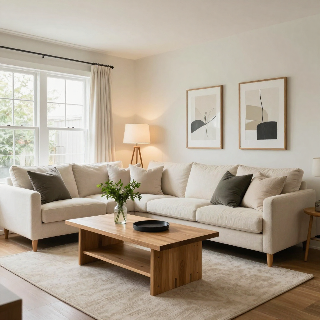 Luminoso salón con un sofá beige en forma de L