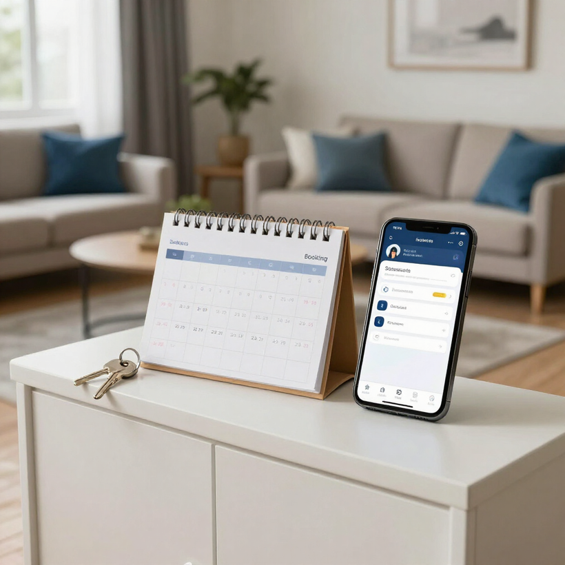Escritorio en casa con un cuaderno de espiral, un teléfono inteligente y unas llaves en una sala de estar luminosa