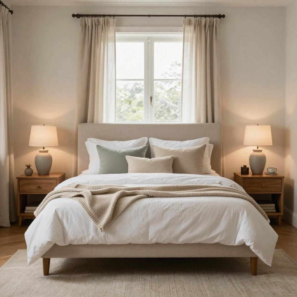 Cama bien hecha con edredón y almohadas beige en un dormitorio luminoso.