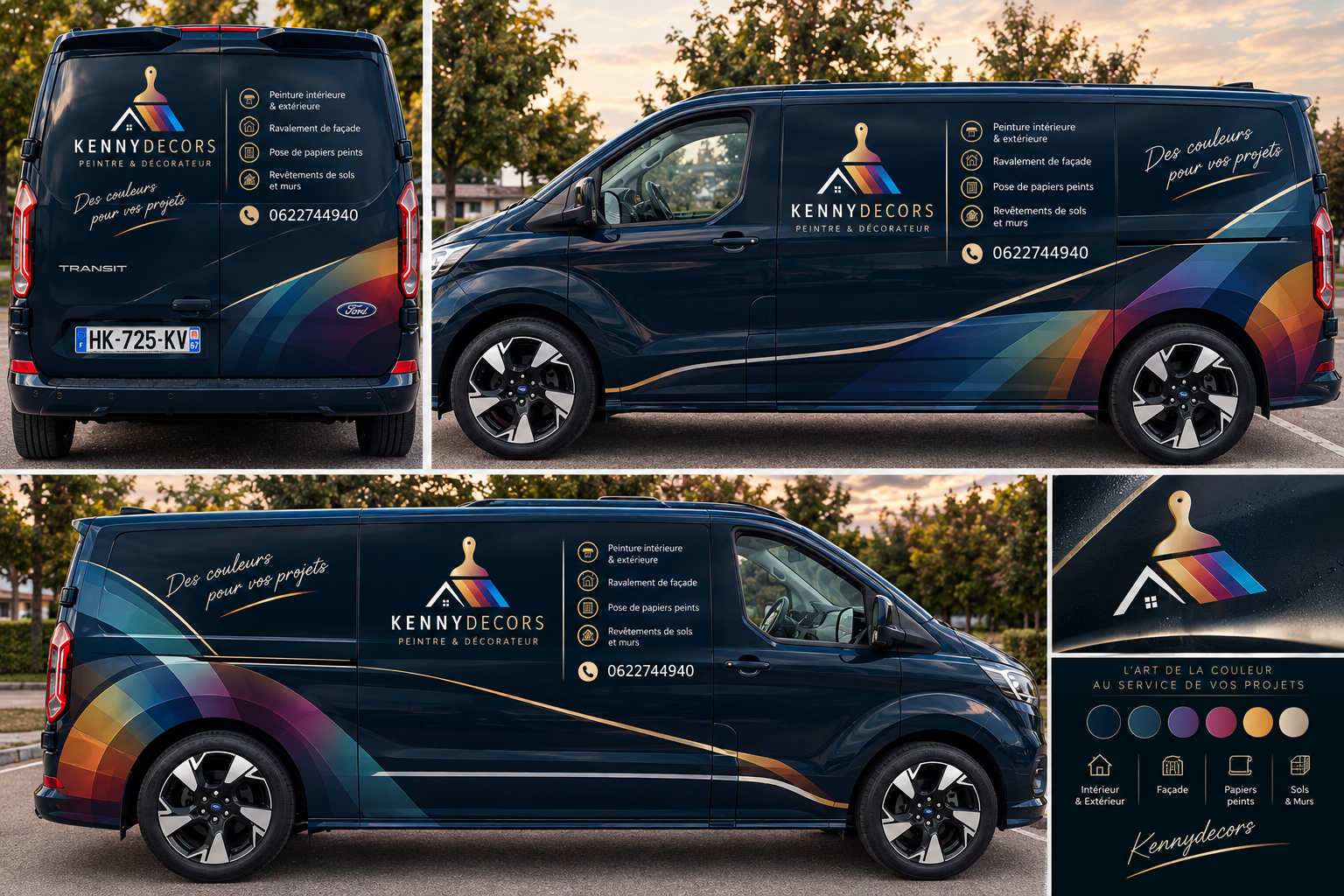 Trois vues d'une camionnette arborant des autocollants géométriques.