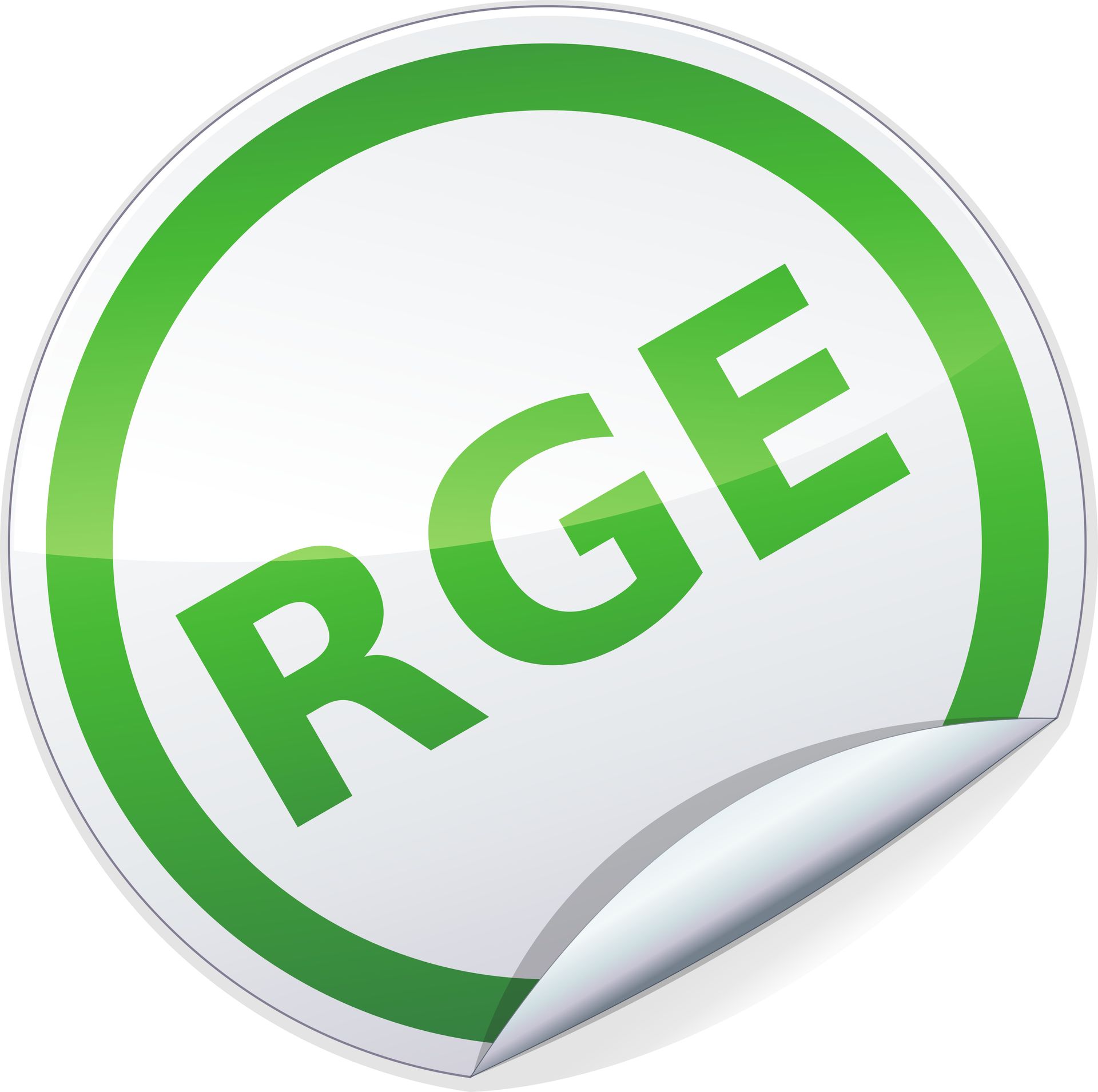 Logo RGE circulaire avec un coin de page plié.