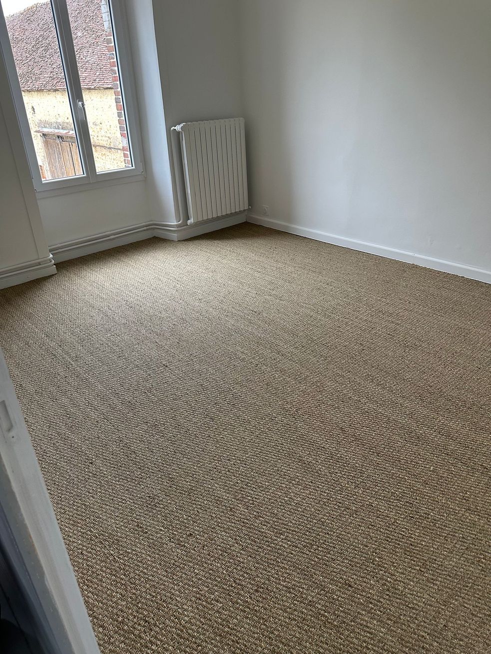 Pièce vide recouverte de moquette, aux murs et avec une fenêtre.