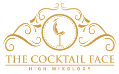 Logotipo dorado: "The Cocktail Face" con diseño de rostro/copa de cóctel y adornos.