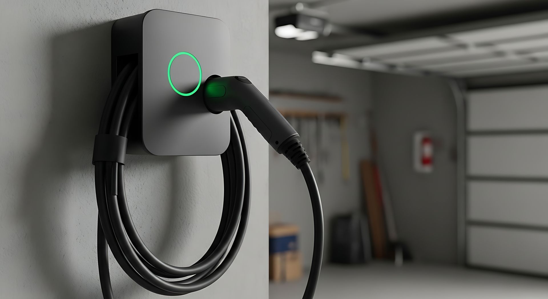 Une borne de recharge noire pour véhicules électriques, fixée au mur d'un garage, avec un câble de recharge enroulé autour.