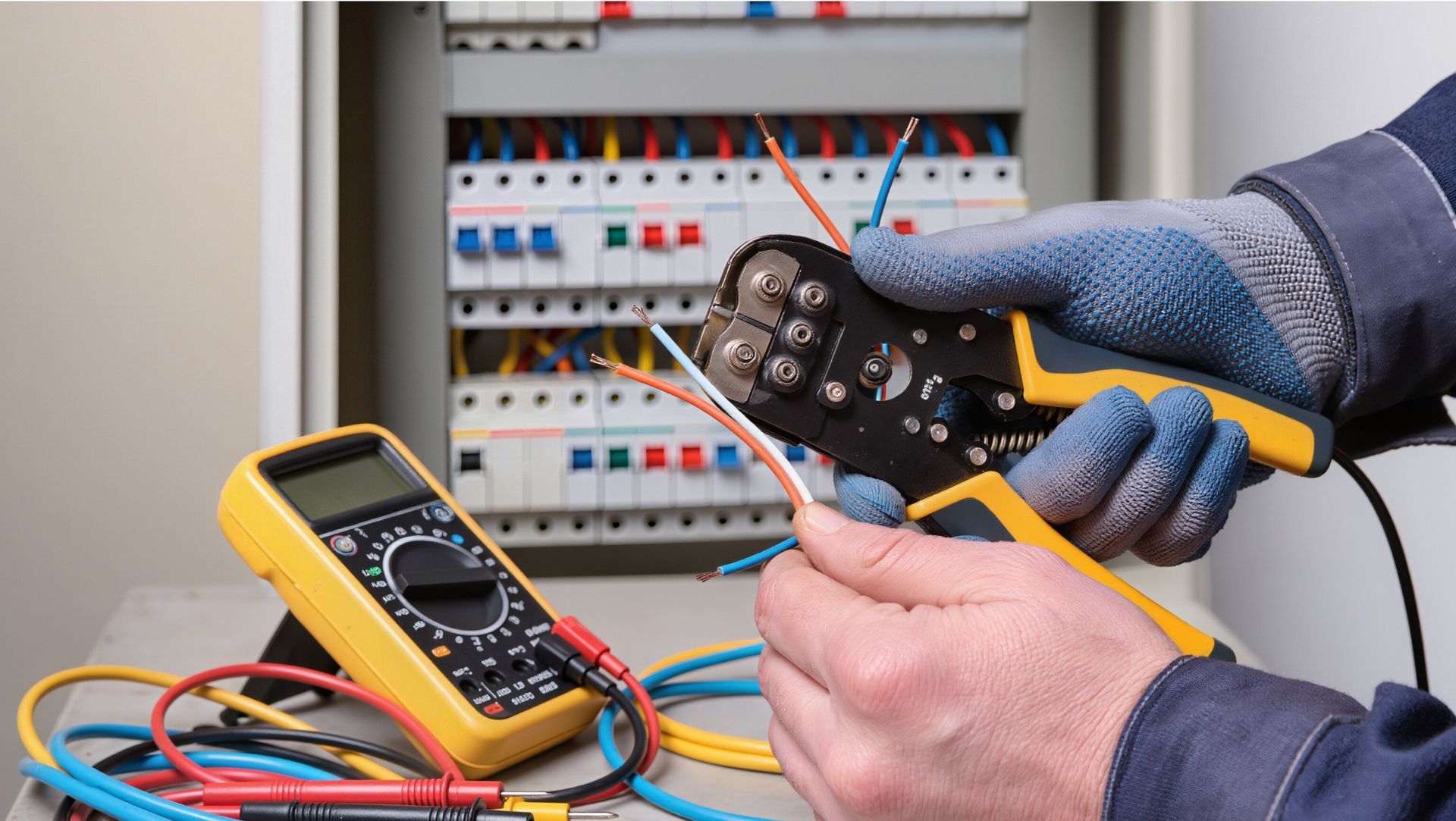 Un électricien portant des gants bleus utilise une pince à dénuder sur des câbles électriques près d'un multimètre et d'un tableau électrique.