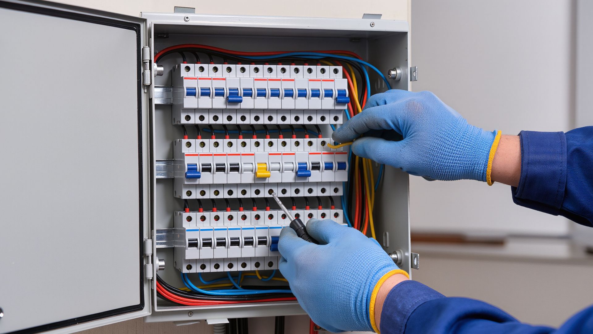 Un électricien portant des gants de travail bleus utilise un tournevis pour intervenir sur les disjoncteurs électriques à l'intérieur d'un panneau mural.
