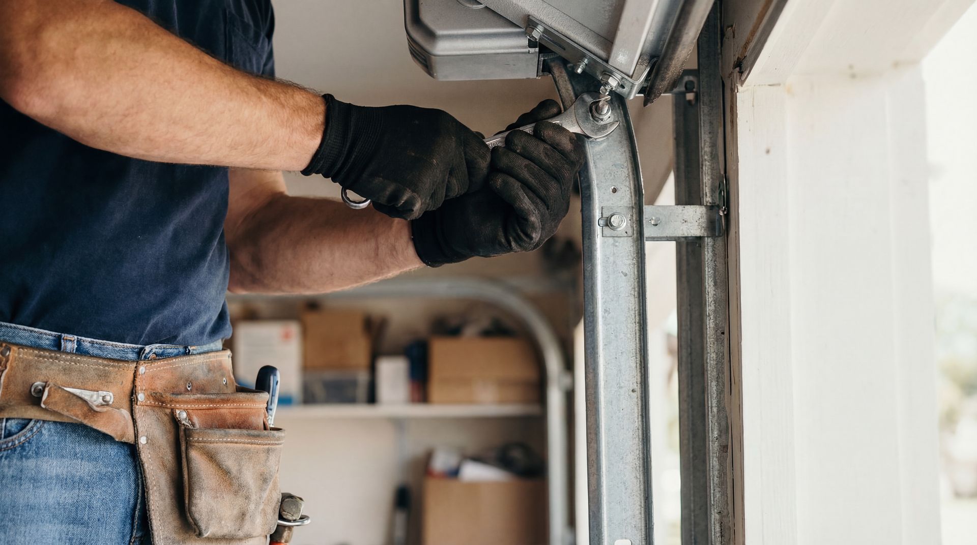 Un ouvrier portant des gants noirs et une ceinture à outils utilise une clé pour serrer les fixations d'un rail métallique de porte de garage.