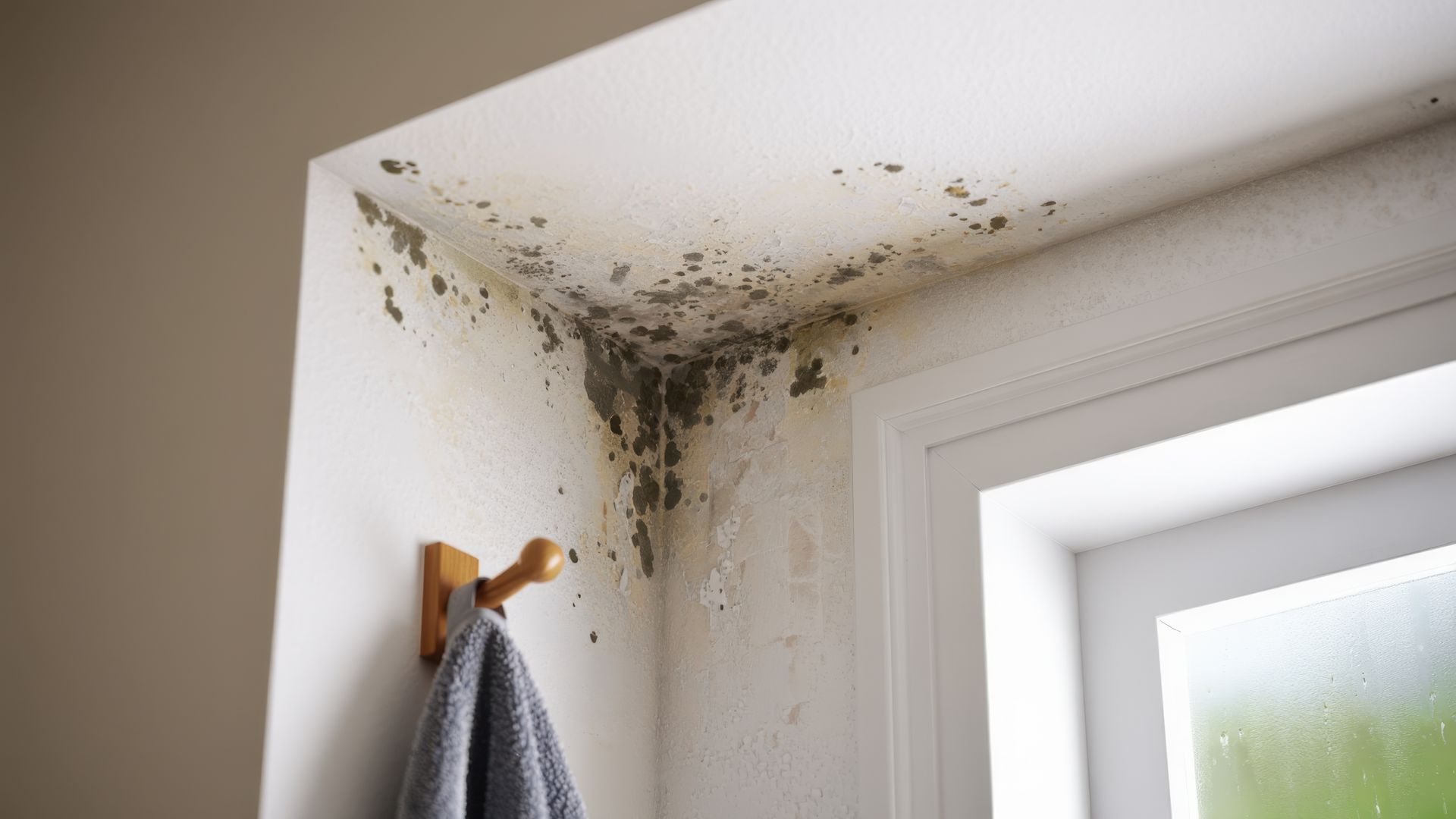 De la moisissure noire se développe sur le coin blanc d'un mur et du plafond au-dessus d'une fenêtre.