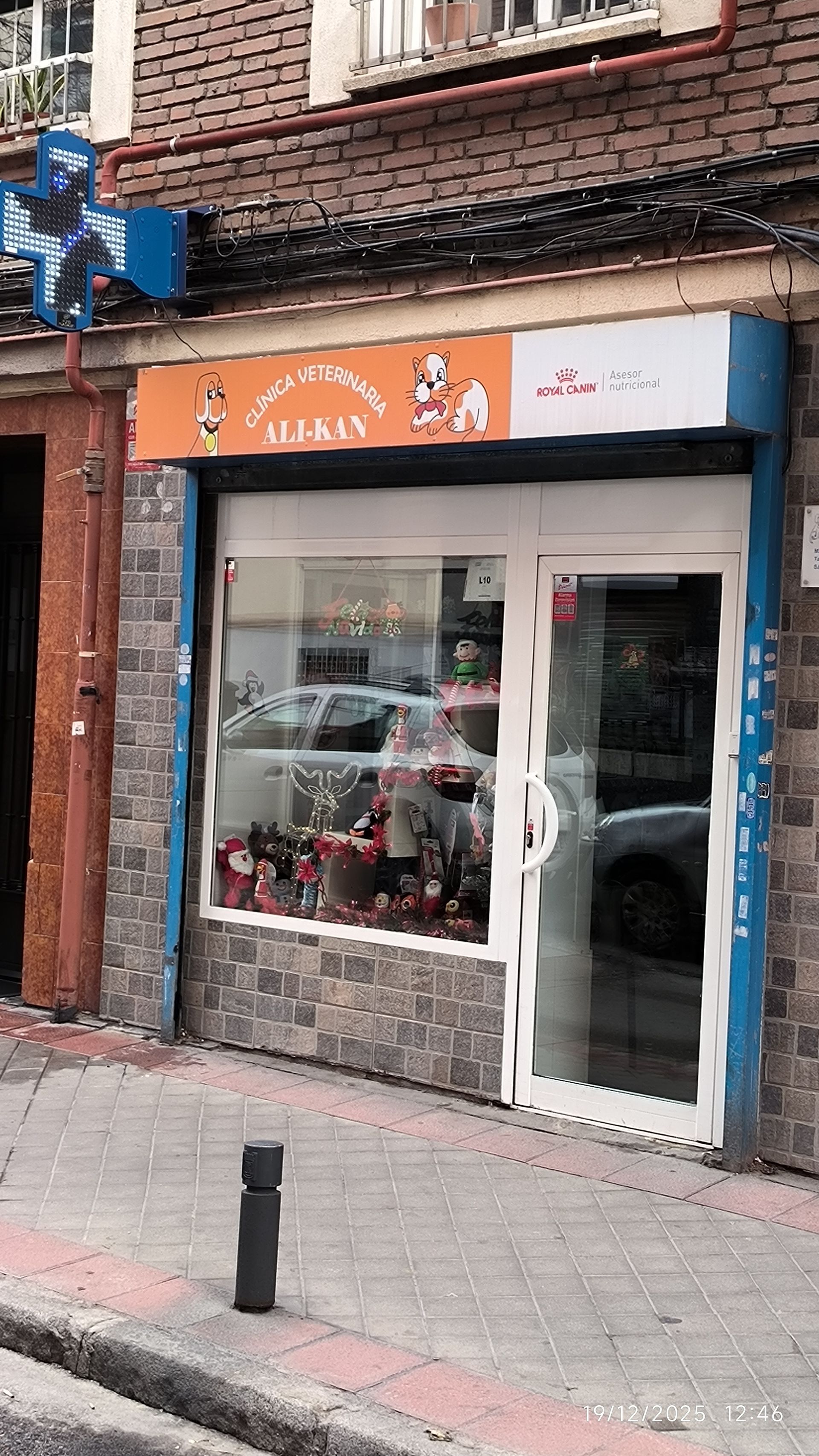 Una clínica veterinaria llamada Ali-Kan, con un escaparate decorado. La puerta de la tienda es blanca y está iluminada.
