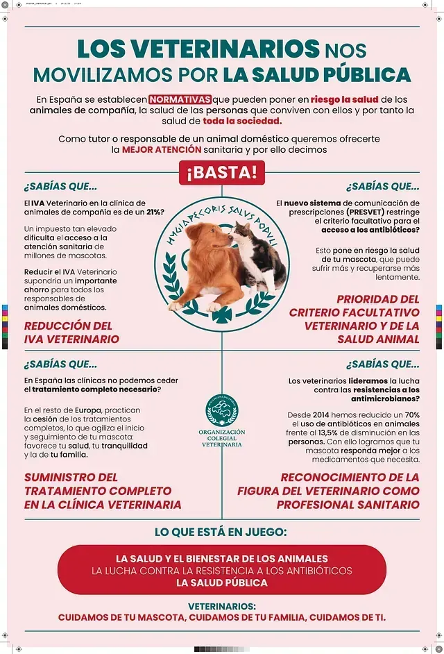 Cartel en defensa de la salud pública, con ilustración de un perro y un gato, con texto en español.